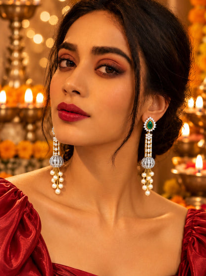 Gold Tone Green Stone & Pearl Tassel Drop Earrings