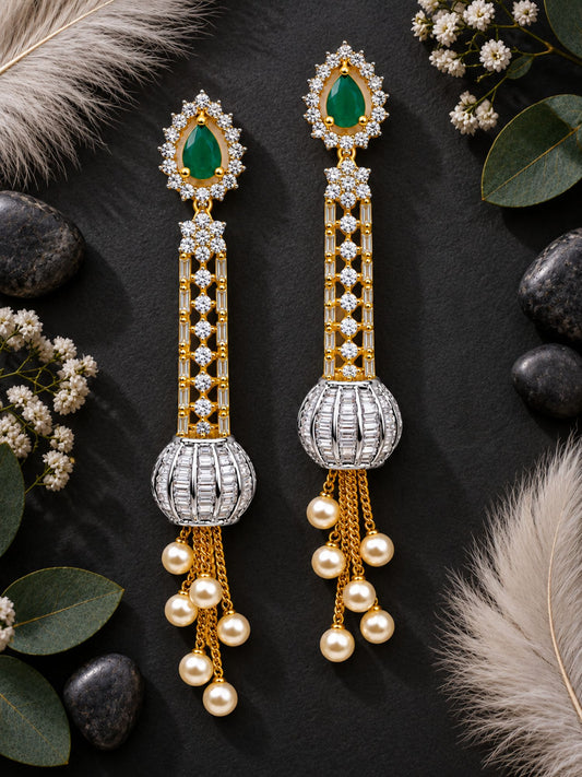 Gold Tone Green Stone & Pearl Tassel Drop Earrings