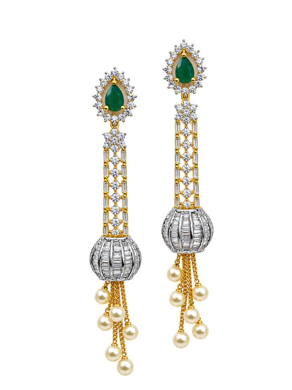 Gold Tone Green Stone & Pearl Tassel Drop Earrings