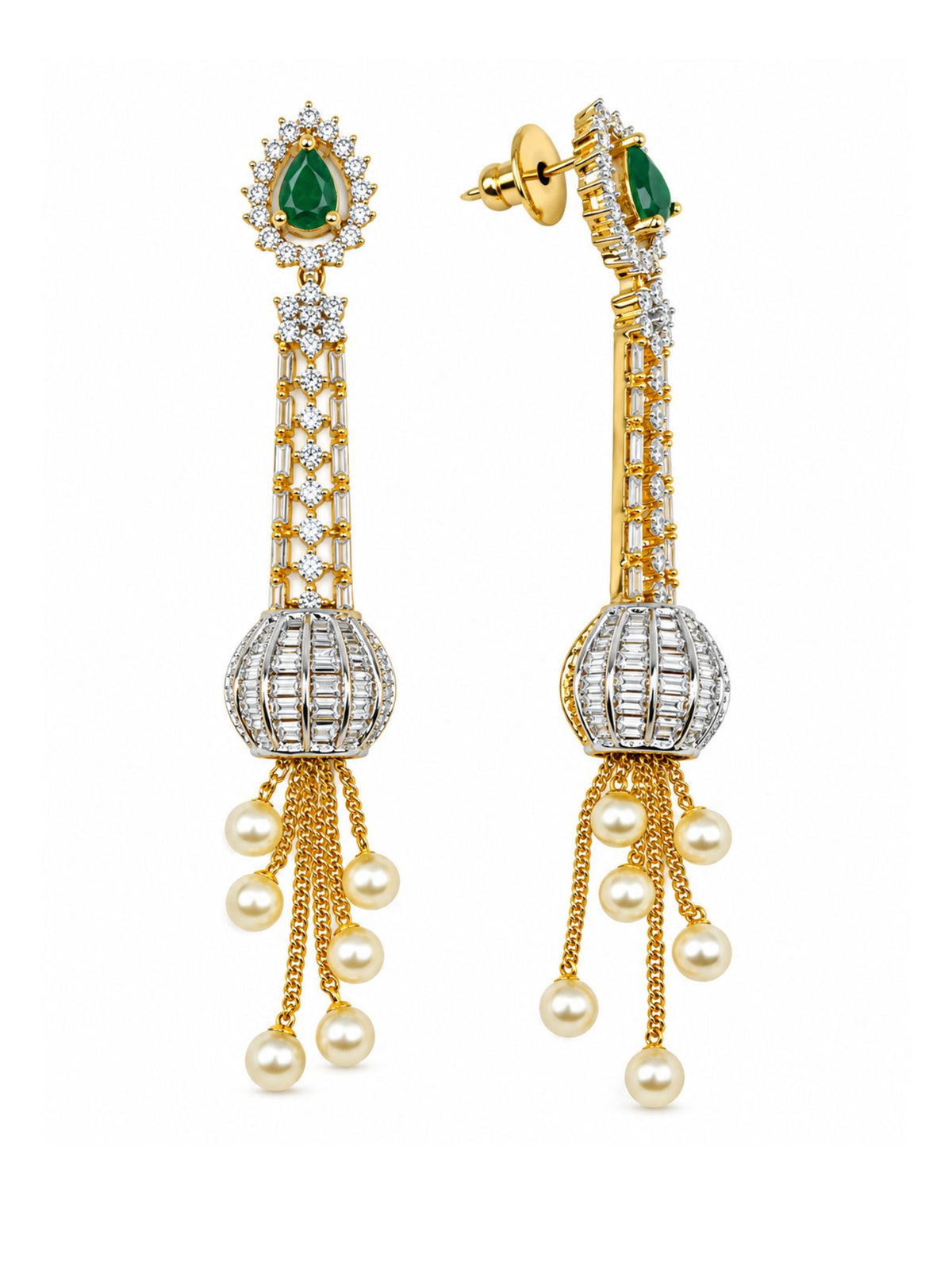 Gold Tone Green Stone & Pearl Tassel Drop Earrings