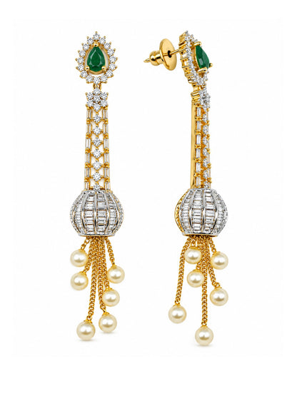Gold Tone Green Stone & Pearl Tassel Drop Earrings