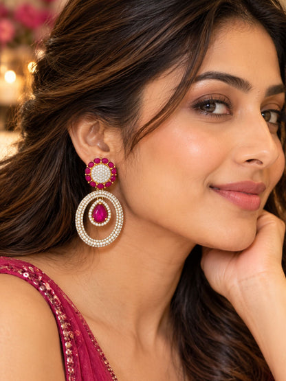 Ruby Red Stone Diamond Look Oval Drop Earrings Set