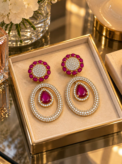 Ruby Red Stone Diamond Look Oval Drop Earrings Set