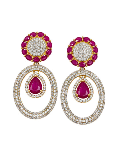 Ruby Red Stone Diamond Look Oval Drop Earrings Set