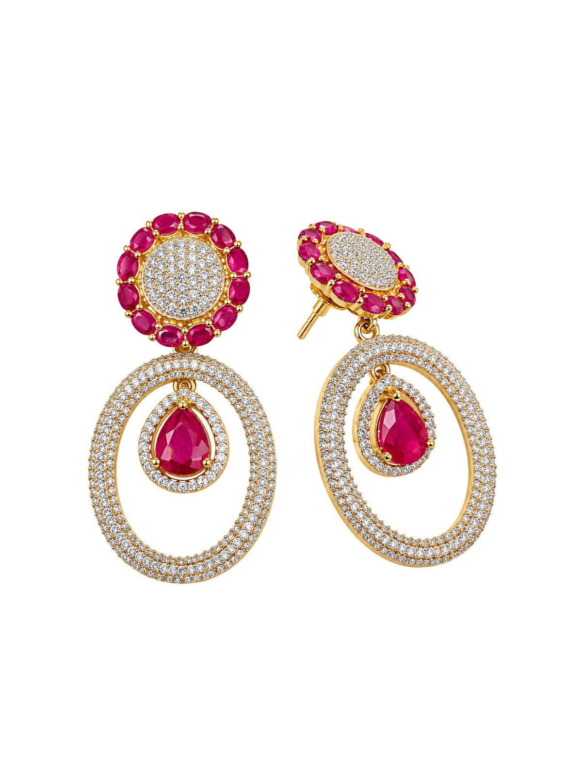 Ruby Red Stone Diamond Look Oval Drop Earrings Set