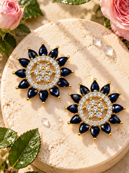 Gold Tone Black Stones & Clear Stone Stud Earrings