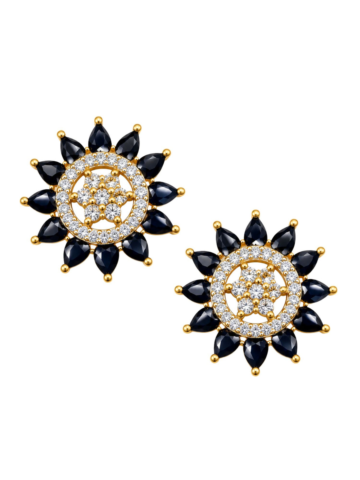 Gold Tone Black Stones & Clear Stone Stud Earrings