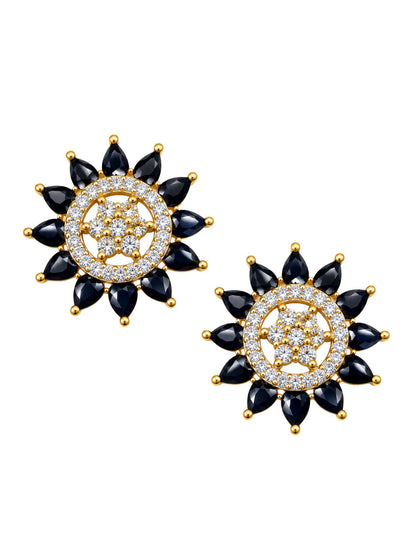 Gold Tone Black Stones & Clear Stone Stud Earrings