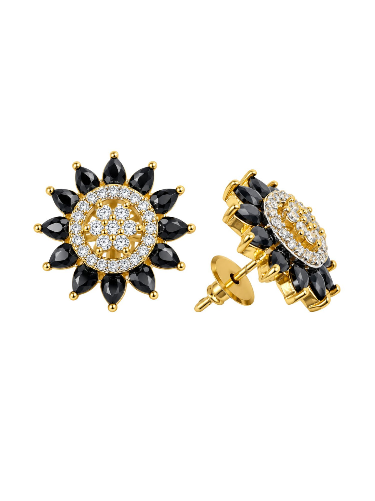 Gold Tone Black Stones & Clear Stone Stud Earrings
