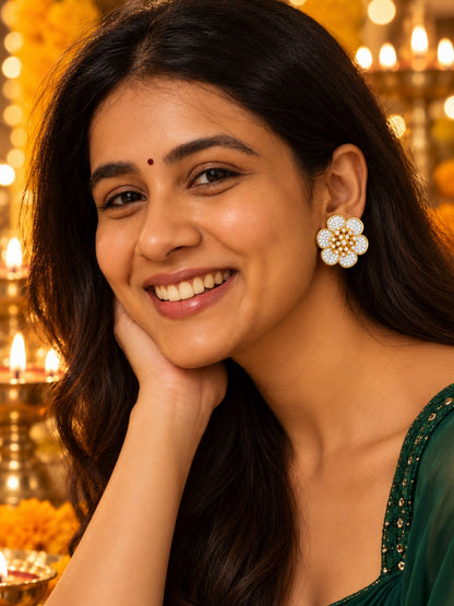 Gold Tone Floral Stud Earrings with Crystal Stones