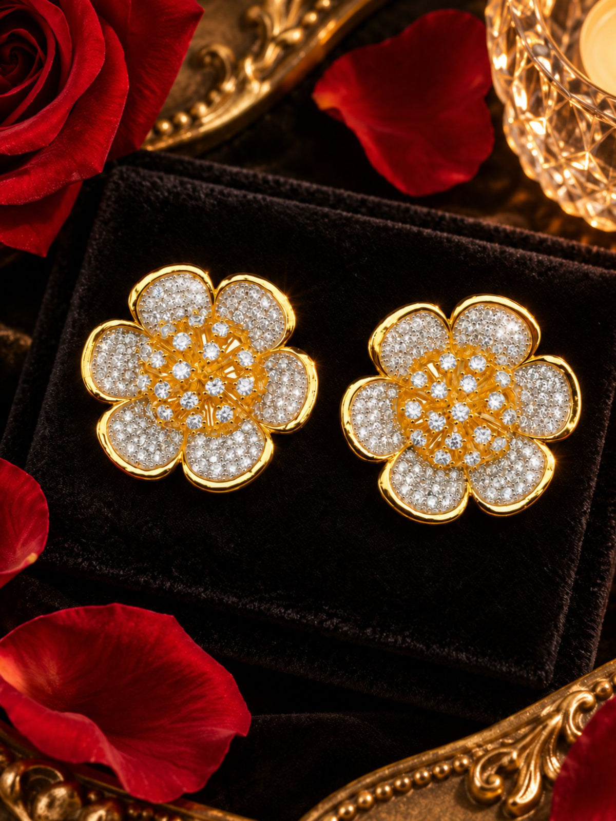 Gold Tone Floral Stud Earrings with Crystal Stones