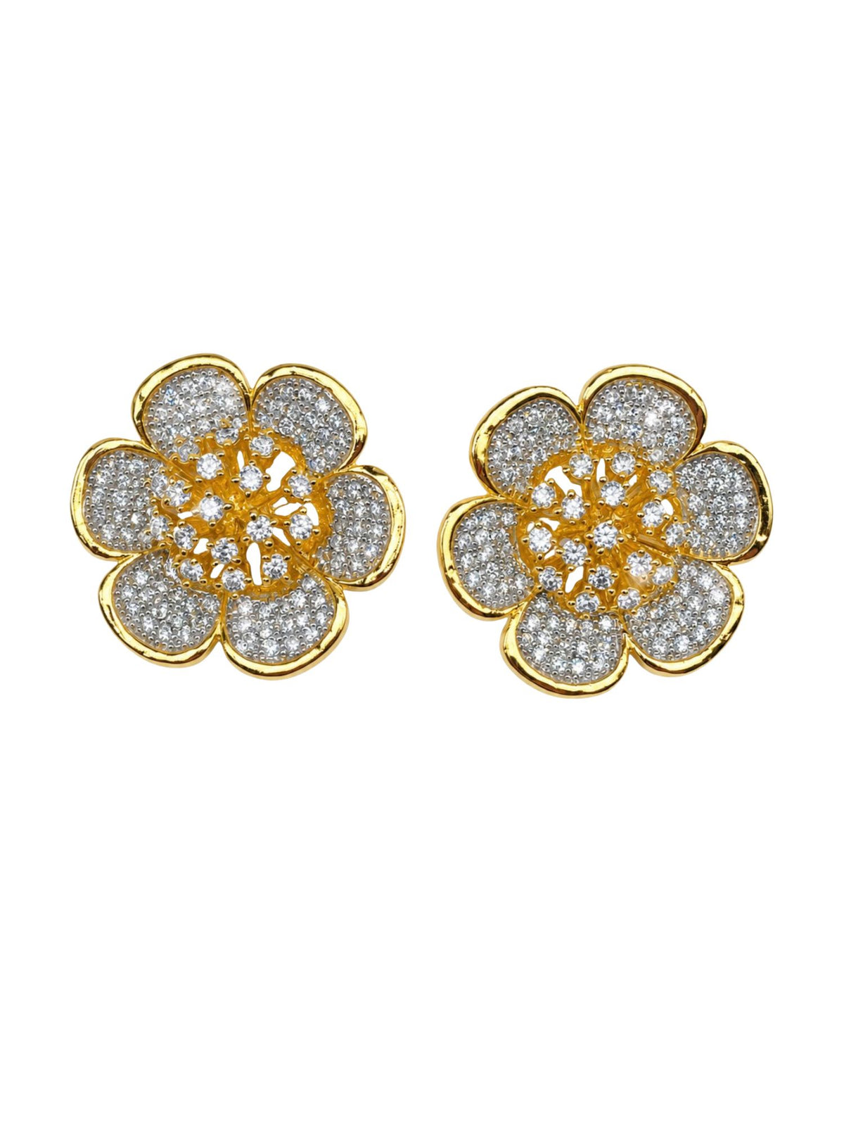 Gold Tone Floral Stud Earrings with Crystal Stones
