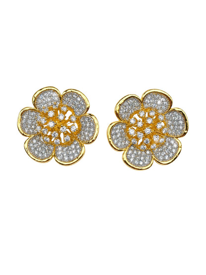 Gold Tone Floral Stud Earrings with Crystal Stones