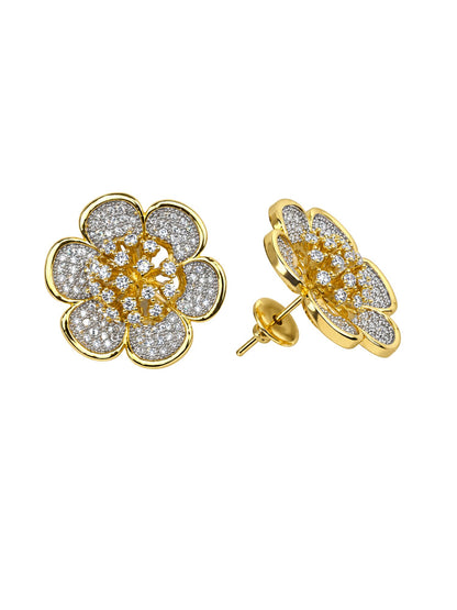 Gold Tone Floral Stud Earrings with Crystal Stones