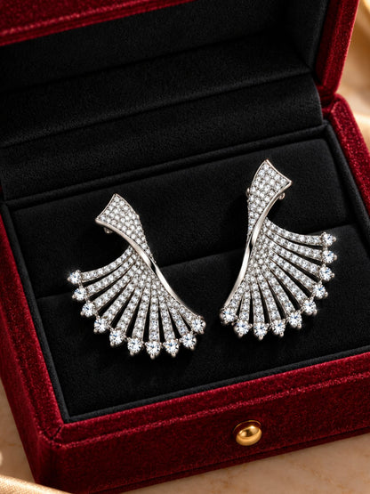 Silver Tone Clear Stone Fanned Style Stud Earrings