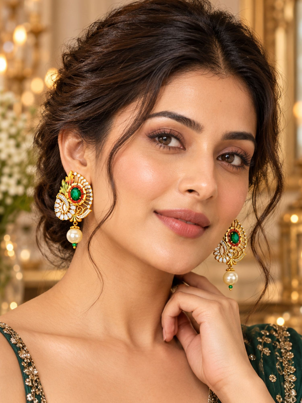 Gold Plated Diamond Earrings Green Emerald and Pearl
