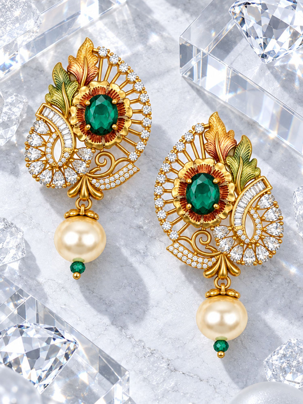Gold Plated Diamond Earrings Green Emerald and Pearl