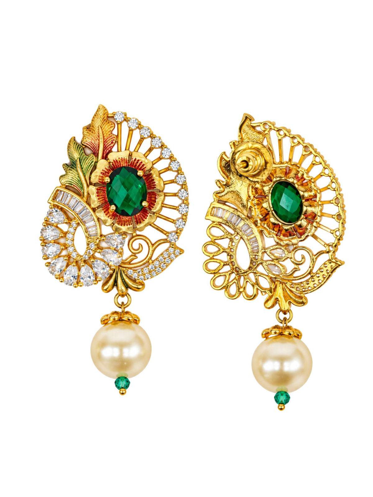Gold Plated Diamond Earrings Green Emerald and Pearl