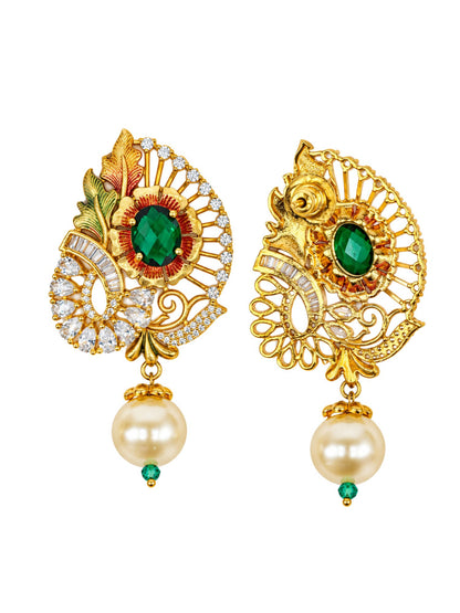 Gold Plated Diamond Earrings Green Emerald and Pearl