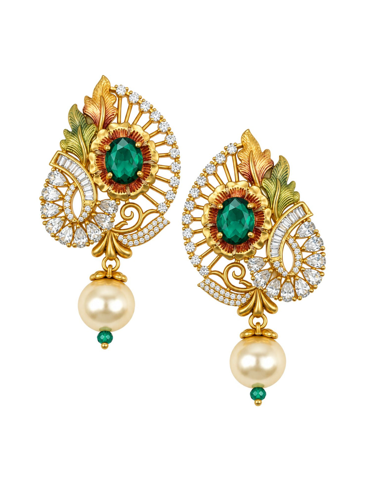 Gold Plated Diamond Earrings Green Emerald and Pearl