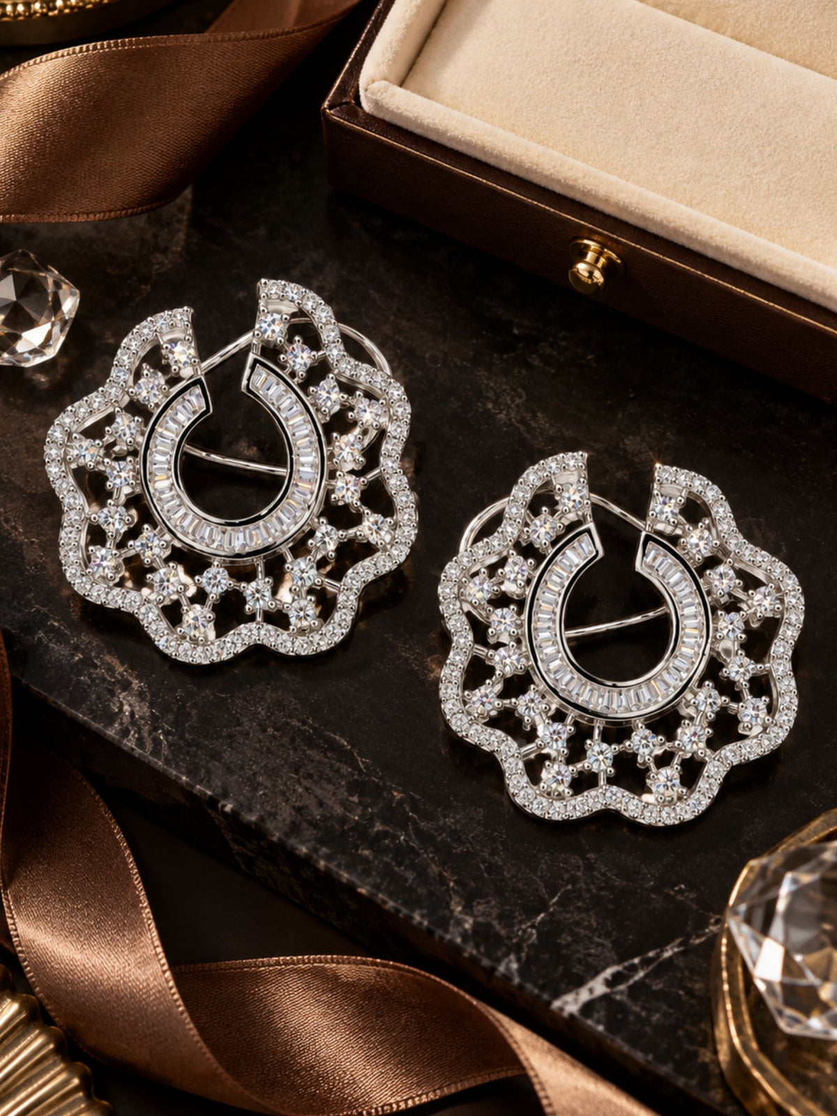 Silver Plated Floral Geometric Diamond Earrings for Women