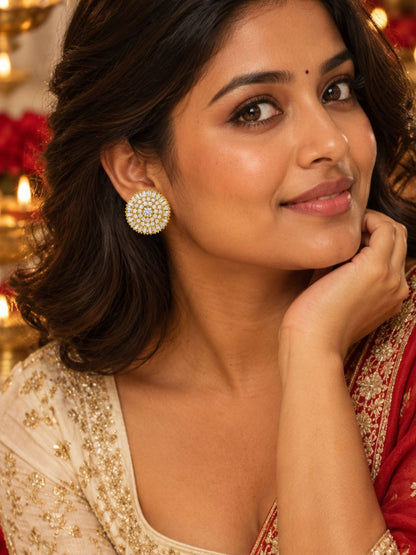 Gold Tone Round Stud Earrings with Clear Gemstones