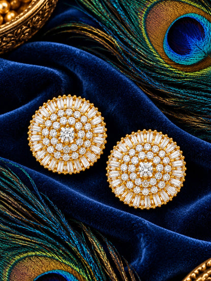 Gold Tone Round Stud Earrings with Clear Gemstones