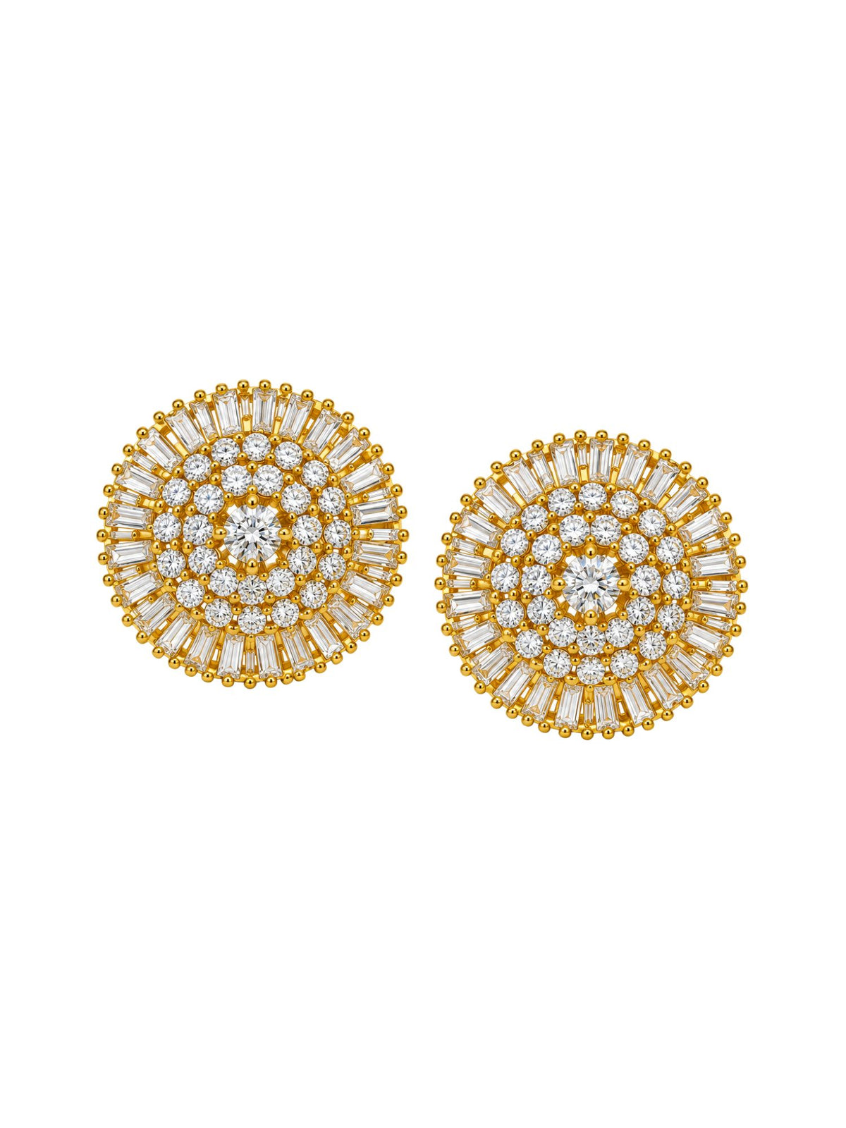 Gold Tone Round Stud Earrings with Clear Gemstones