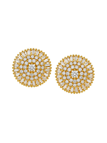 Gold Tone Round Stud Earrings with Clear Gemstones