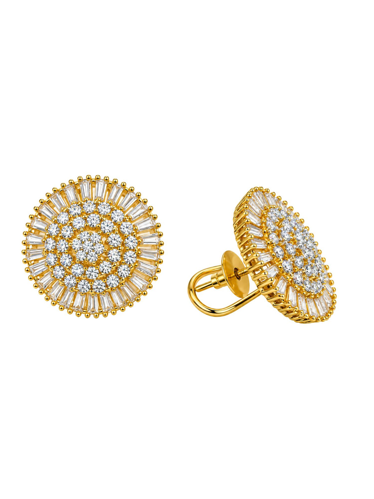 Gold Tone Round Stud Earrings with Clear Gemstones