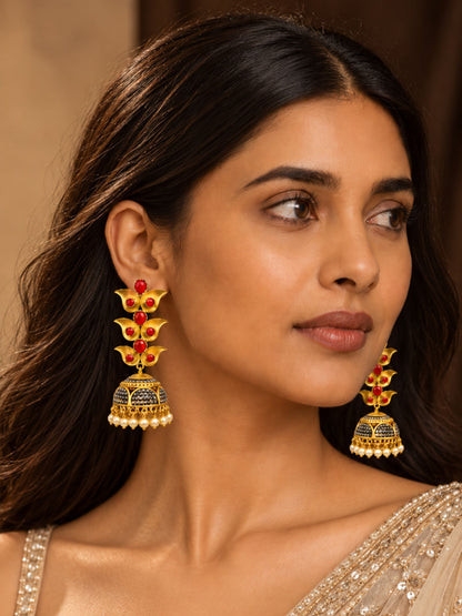 Gold Tone Red Jhumka Earrings with Pearl Drop Trim
