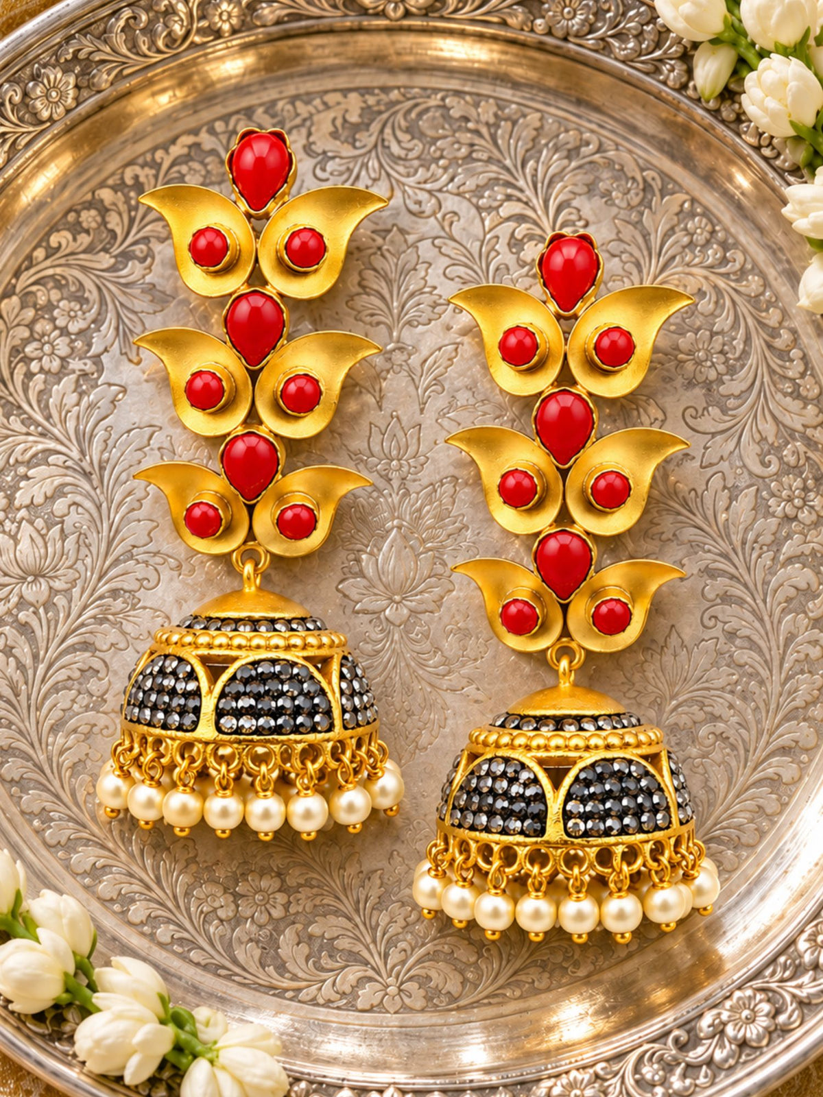 Gold Tone Red Jhumka Earrings with Pearl Drop Trim