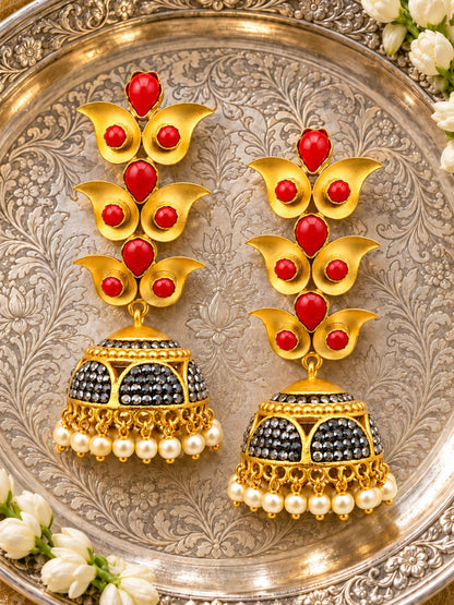 Gold Tone Red Jhumka Earrings with Pearl Drop Trim
