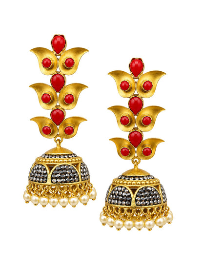 Gold Tone Red Jhumka Earrings with Pearl Drop Trim