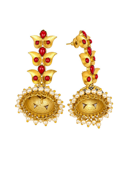Gold Tone Red Jhumka Earrings with Pearl Drop Trim