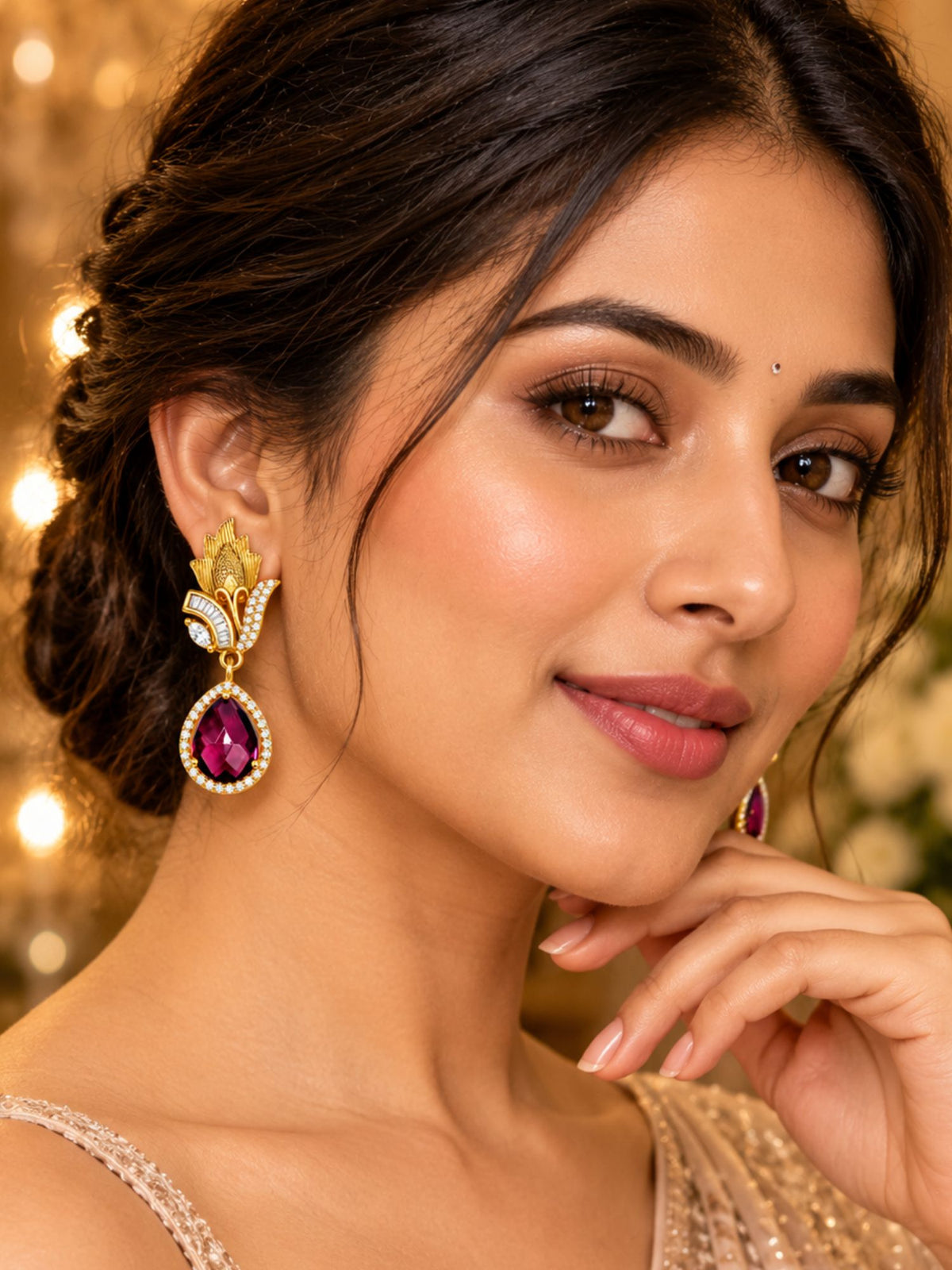 Maroon Stone Diamond Earrings for Women Festive Use