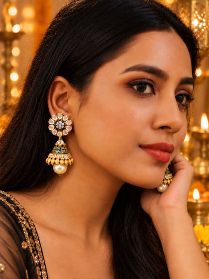 Gold Tone Pearl Drops Floral Jhumka Earrings