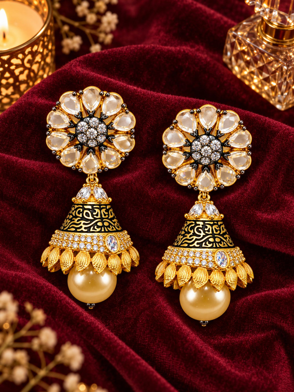 Gold Tone Pearl Drops Floral Jhumka Earrings