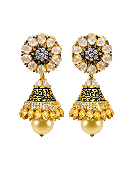 Gold Tone Pearl Drops Floral Jhumka Earrings