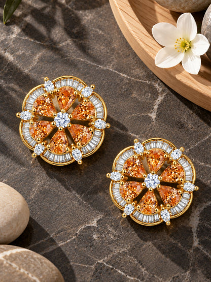 Gold Tone Champagne Stone Floral Stud Earrings Set