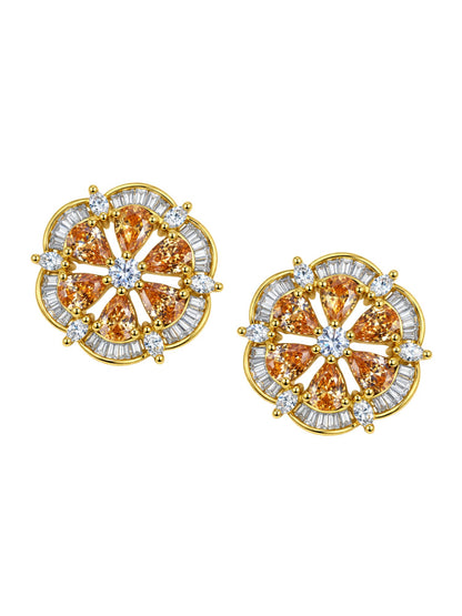 Gold Tone Champagne Stone Floral Stud Earrings Set