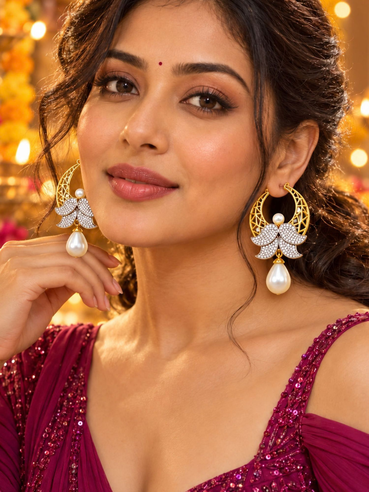 Gold Tone Hoop Earrings with Stone and Pearl Drops