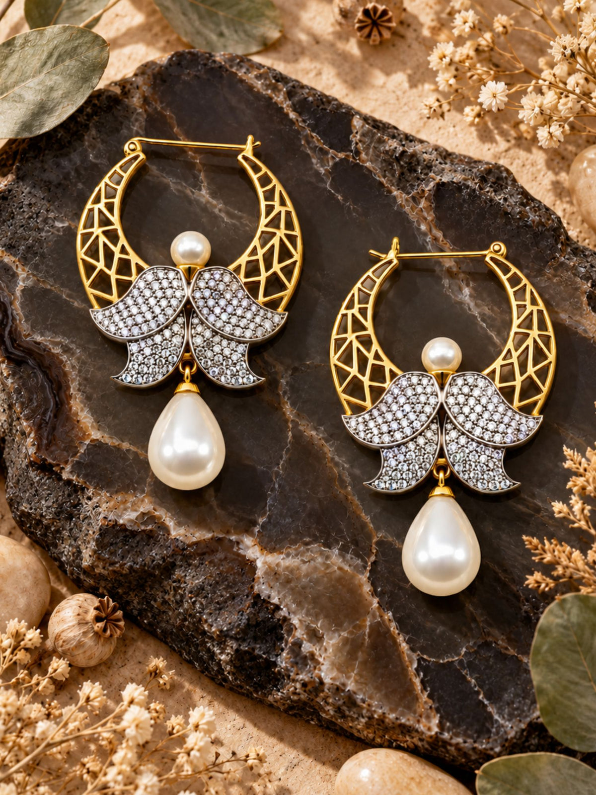 Gold Tone Hoop Earrings with Stone and Pearl Drops