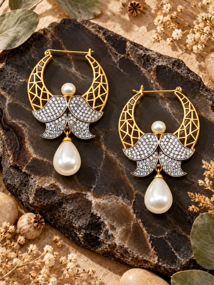 Gold Tone Hoop Earrings with Stone and Pearl Drops