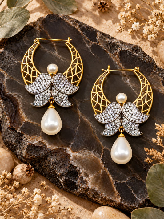 Gold Tone Hoop Earrings with Stone and Pearl Drops