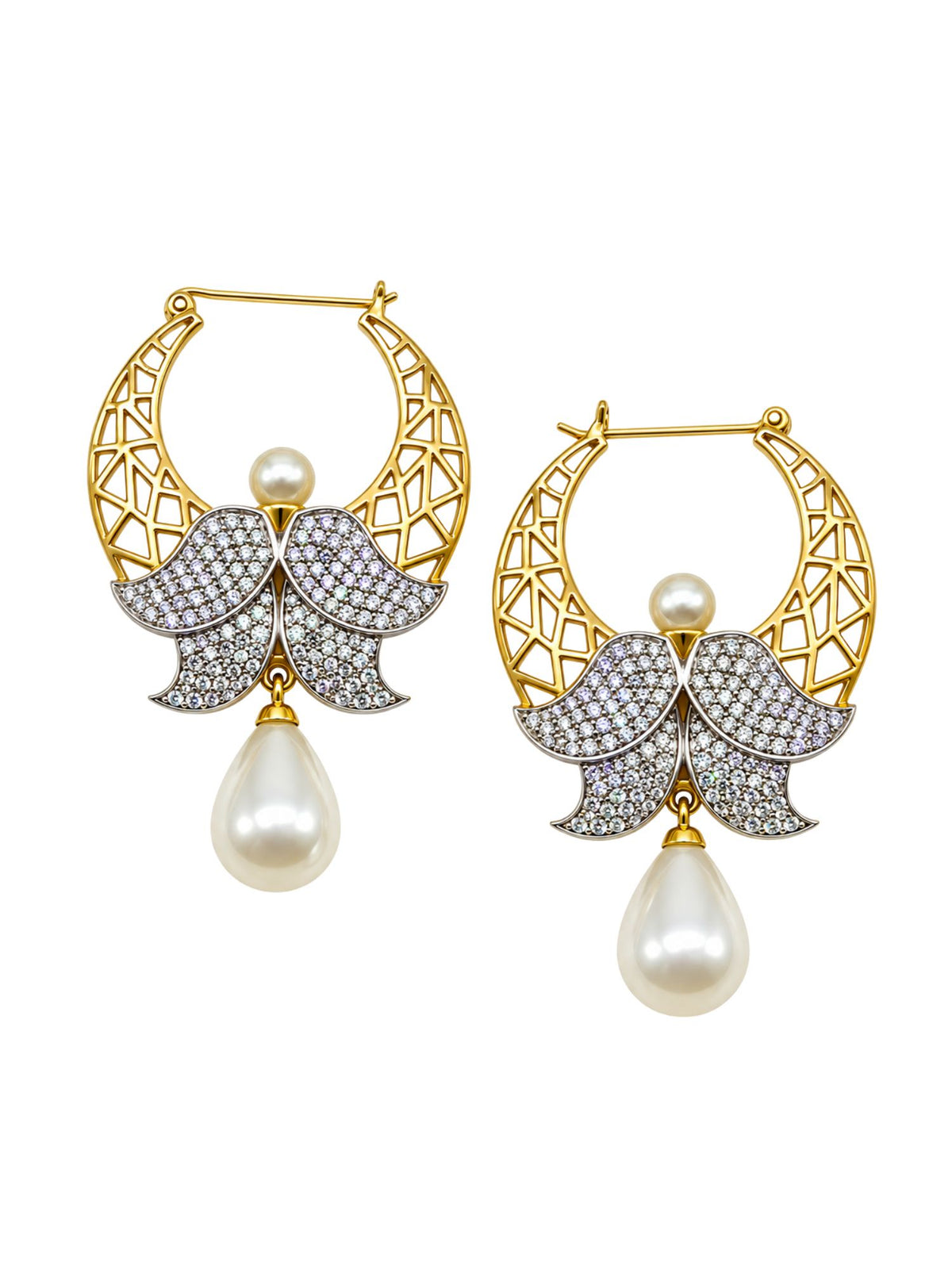 Gold Tone Hoop Earrings with Stone and Pearl Drops