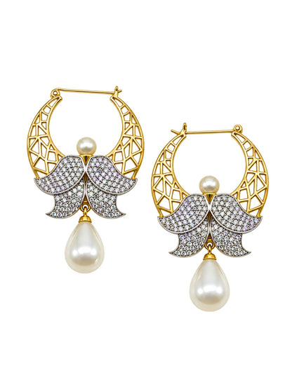 Gold Tone Hoop Earrings with Stone and Pearl Drops