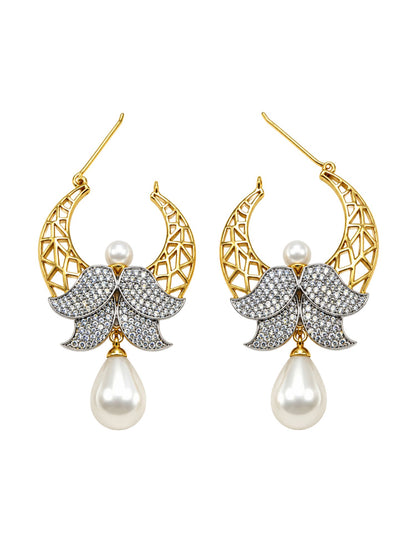Gold Tone Hoop Earrings with Stone and Pearl Drops