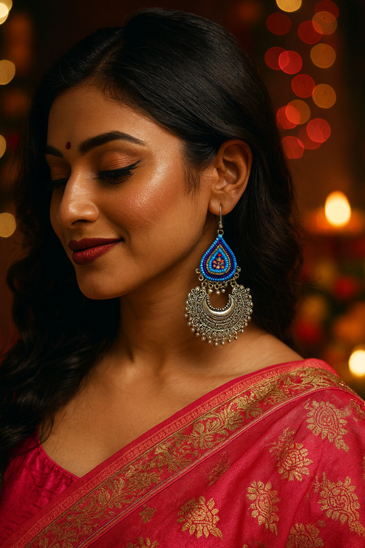 German Oxidized Afghani Silver Chand Multicolor Beads Work Hook Earrings Ghungroo Chandbali Earring for Women Girl