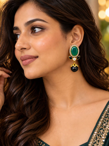 Green Stone Diamond Drop Earrings with Black Beads